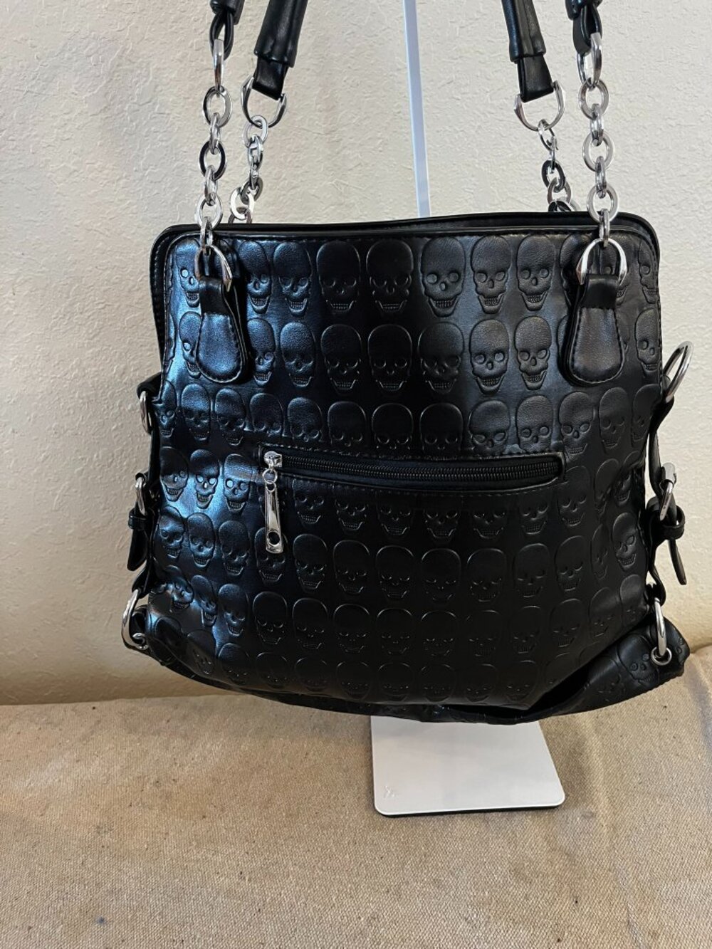 Skull Rhinestone Faux Leather Goth Mob-Wife Crossbones Studded Shoulder/Tote Bag - Picture 6 of 10